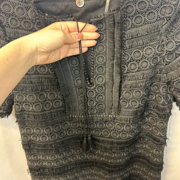 Margaret O'Leary Black V-Neck Crochet Lace Tassels Short Sleeve Dress XS - Picture 7 of 7